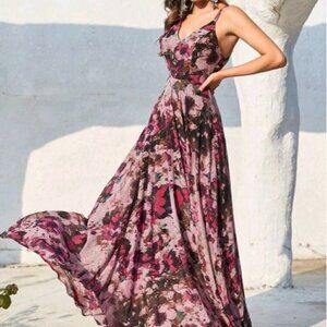 FLORAL ALL OVER PRINT BACKLESS BOHO HIGH FASHION GOWN